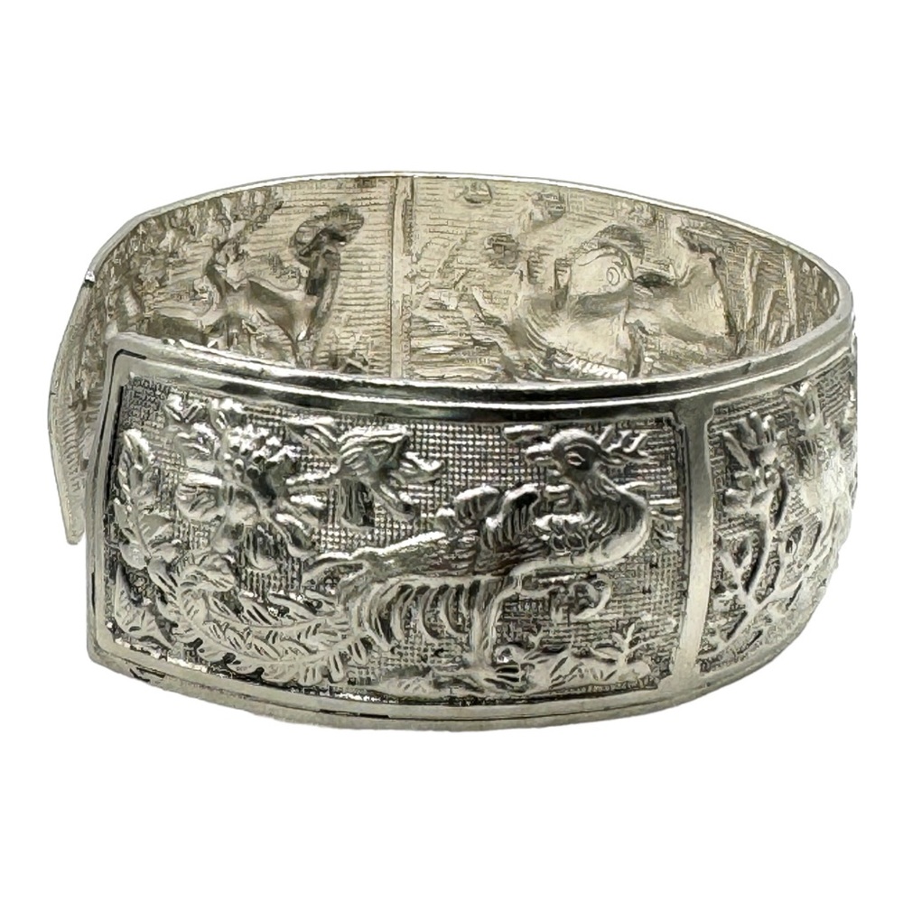 Tibetan Silver Bangle Cuff Bracelet with Peacocks, Love Birds and Deer Scenes - Picture 3 of 12